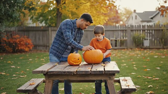A father and his young son work together to carve pumpkins in their backyard on autumn day. Halloween fall holiday