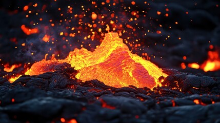 Molten lava flows over cooled, solidified lava rock with erupting sparks
