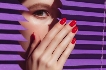 A close up of woman's hand with red nails, holding on to purple blinds. The woman is peeking through the window.