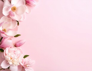 Obraz premium Delicate flower arrangement on pink background floral art nature studio setting top view aesthetic beauty and decor