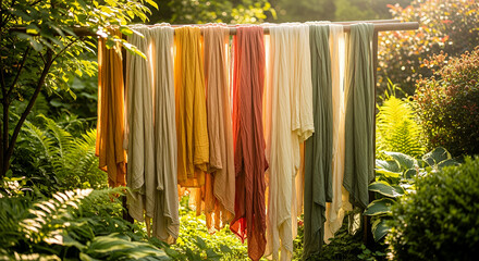 Bundles of natural fabric dyed in soft earthy tones hanging to dry on wooden rack surrounded by plants and sunlight