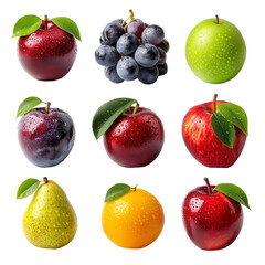 Fresh fruits apples grapes pear orange plum delicious food still life isolated on transprint background