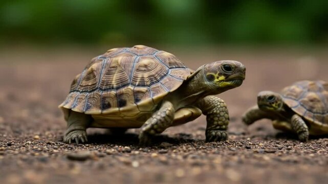 Turtle's Journey: Two turtles travel on a dirt road, conveying a tale of patient determination and resilience. The detailed shot captures a tortoise&rsquo;s textured shell and steady demeanor