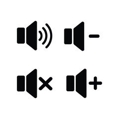 set of four black speaker icons representing mute, unmute, volume up, and volume down options for user interface and audio settings