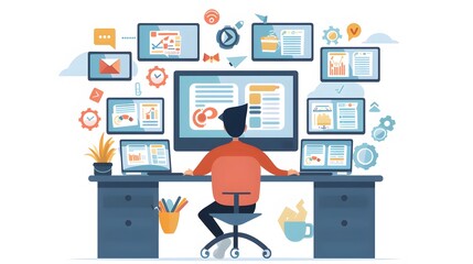 Fototapeta premium Vector illustration of a data analyst or stock trader working in a high-tech command center with multiple screens