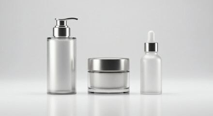 Luxury cosmetic containers set with pump, dropper, and glass jar on white background with realistic lighting and shadows. High-res beauty packaging mockup