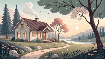 Charming Cottage House Vector Illustration in Sunny Summer Landscape with Road, Trees & Garden