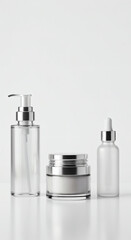 Luxury cosmetic containers set with pump, dropper, and glass jar on white background with realistic lighting and shadows. High-res beauty packaging mockup