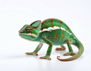 Green Veiled Chameleon on White Background Close up Studio Shot of Reptile