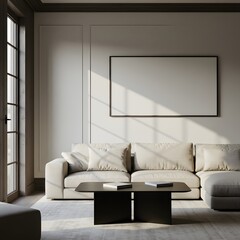 Modern living room interior with beige sectional sofa