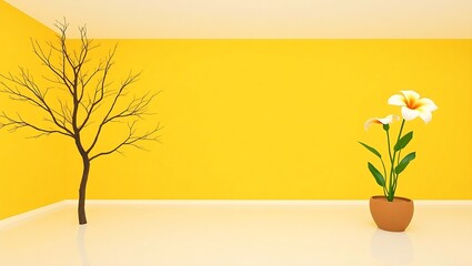 Obraz premium Minimalist room interior with bare tree and flowers