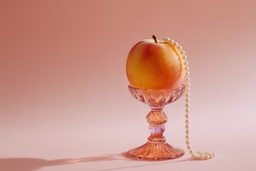 A peach on top of an orange and pink glass vase with a long stem, pearls hanging.