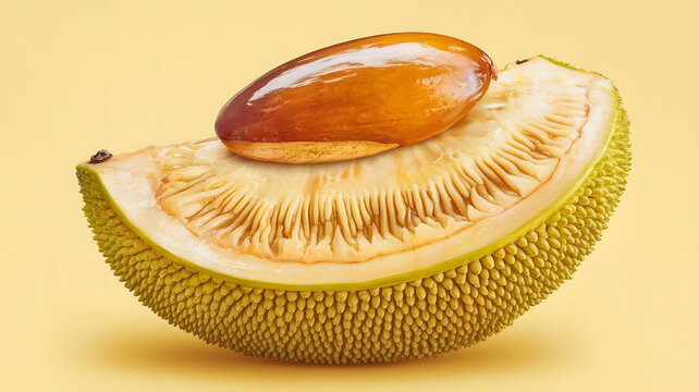 A photorealistic, ultra-HD image of a single slice of jackfruit with rich golden-yellow, fibrous fle