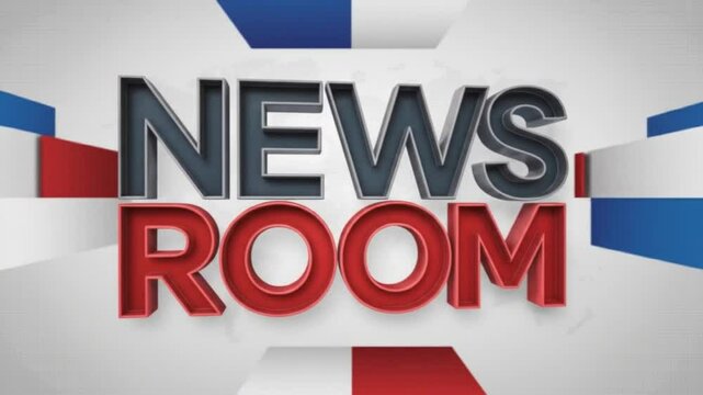 A newsroom graphic with red blue colors and text against white background