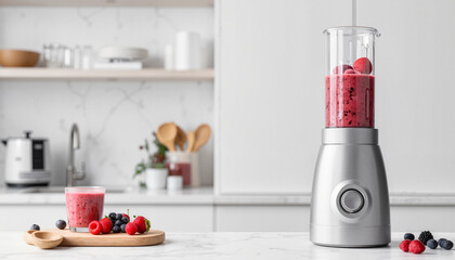 Smoothies being blended in a modern kitchen with fresh fruits and a sleek blender showcasing vibrant pink colors