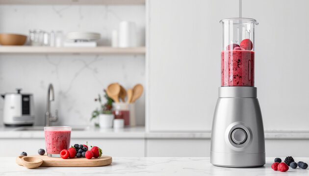 Smoothies being blended in a modern kitchen with fresh fruits and a sleek blender showcasing vibrant pink colors
