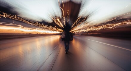 Blurred silhouette walking through a city street at night, with zoom burst light trails creating a sense of motion and speed — dynamic, cinematic, and abstract.









