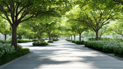 Obraz premium Tranquil paved sidewalk, serene stroll amidst vibrant flowers and lush trees discover