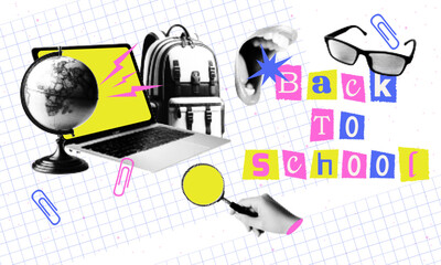 Halftone collage on the theme of back to school. Globe and laptop, hand with magnifying glass, mouth, letters made of cut-out paper. Concept of learning, knowledge.
