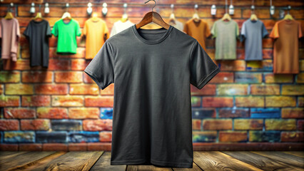 Obraz premium Dark Gray T Shirt on Hanger with Colorful Shirts and Brick Background