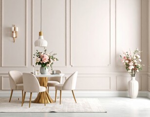 Elegant dining room setup with floral arrangements modern home interior design bright environment aesthetic viewpoint contemporary concept