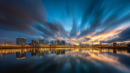 Fototapeta premium Stunning city skyline with river and modern buildings, urban waterfront architecture