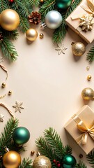 Festive holiday decorations with ornaments and gifts elegant tabletop display christmas cheer warm atmosphere