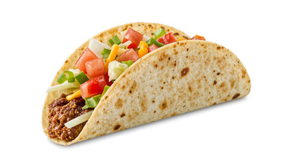 Taco fillings of ground beef, lettuce, tomatoes, and cheese combine for a flavorful and satisfying meal option. Perfect for food blogs and restaurant menus.