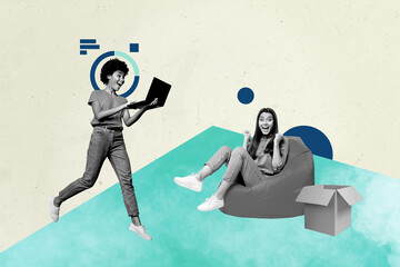 Poster pop collage of people use win laptop with charts stand on pastel blue background