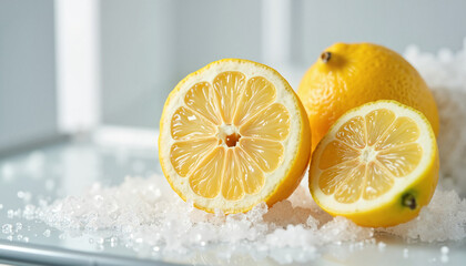 Freshly cut lemons resting on a bed of sea salt with a soothing backdrop, evoking a sense of culinary adventure