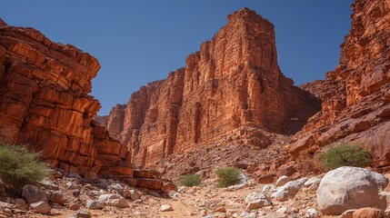 Fototapeta premium Majestic rocky canyon landscape with trees, breathtaking nature photography adventure