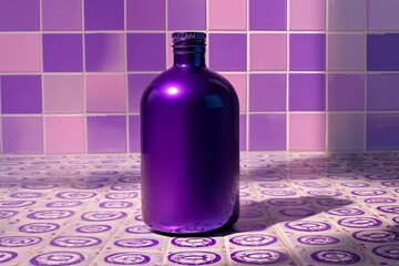 A purple bottle of soap on it , tiles a purple background, and purple circles on a white tile floor.