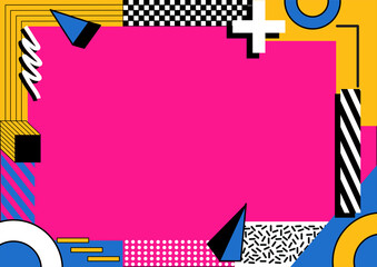 Retro Memphis Style background featuring bold geometric shapes, vibrant colors, and abstract...