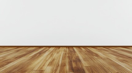 A minimalist white room with a white wall and brown wooden floor presents a blank template for interior design products and a clean background for showcasing branding designs with sufficient space