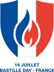 Bastille day flame icon inside shield with tricolor split background marked 14 juillet France design  