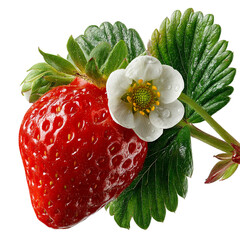 Fresh strawberry fruit with flower and leaves on a plain background isolated on transparent background