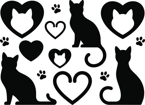 Black Cat Silhouettes Hearts Paws Pet Love Graphic