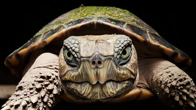 Close-up of a snapping turtle face with rugged features, sharp beak and alert eyes, well-lit and focused on black background