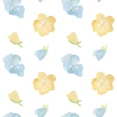 Watercolor floral seamless pattern featuring alternating blue and yellow flowers. Soft, delicate style perfect for textiles, wrapping paper, spring-themed designs, or feminine stationery and decor.