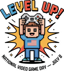 Retro gamer boy raising joystick above head with comic rays and national video game day July 8 illustration  