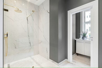 Modern bathroom interior in minimal scandinavian style, 3d render