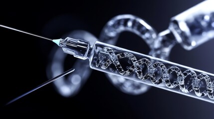 A dark background sets the scene for a syringe with a dna symbol inside and a drop of fluid on the needle, conveying the concept of genetic manipulation in healthcare