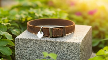 On a stone grave marker, a brown leather dog collar with a silver tag is placed, signifying the memorialization of pet loss