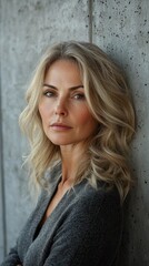 Fototapeta premium Concrete panel pattern woman blonde hair industrial concrete wall minimalist background raw material texture urban authenticity