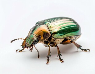 Naklejka premium Close up of a Green and Gold Metallic Beetle on White Background Insect