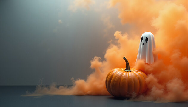 Halloween ghost and pumpkin shrouded in orange smoke