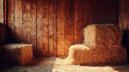 Golden hay bales in a field, rural agricultural scene of harvest and farming golden