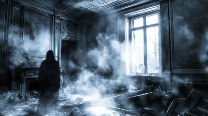 A ghostly translucent woman in a frightening abandoned room, embodying a horror concept suitable for Halloween and terrifying tales