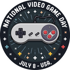 Old-school rounded joystick design with stars and national video game day July 8 USA retro vector   © RA Studio