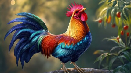 Fototapeta premium Colorful rooster perched on a branch in a lush, bright, natural setting